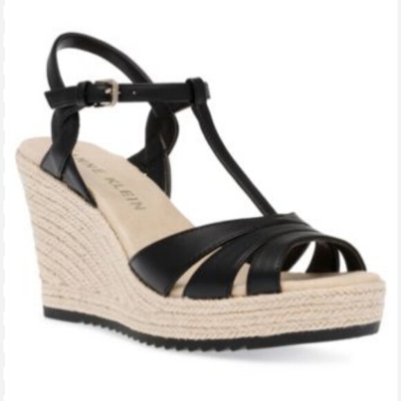 Anne Klein Waves Raffia Dressy Wedge Sandals In Black - Picture 1 of 11